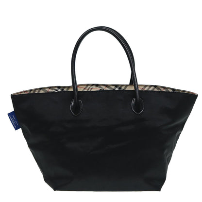 BURBERRY Nova Check Blue Label Hand Bag Nylon Black Beige Silver Auth hk1570