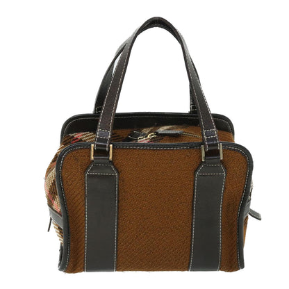 Burberry Blue Label Hand Bag Wool Leather Brown Auth hk844