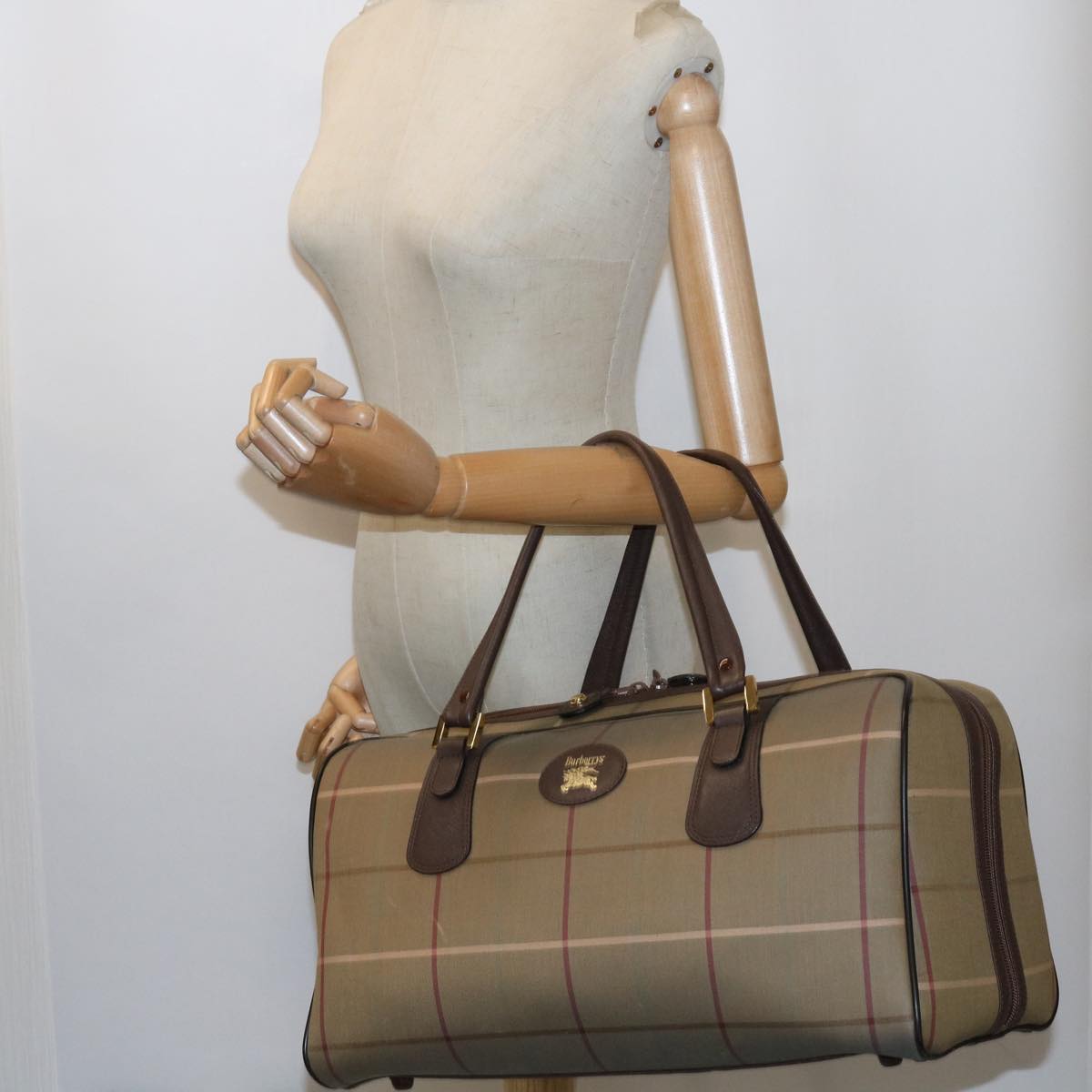 BurberrySs Nova Check Boston Bag Nylon Canvas Brown Auth hk981