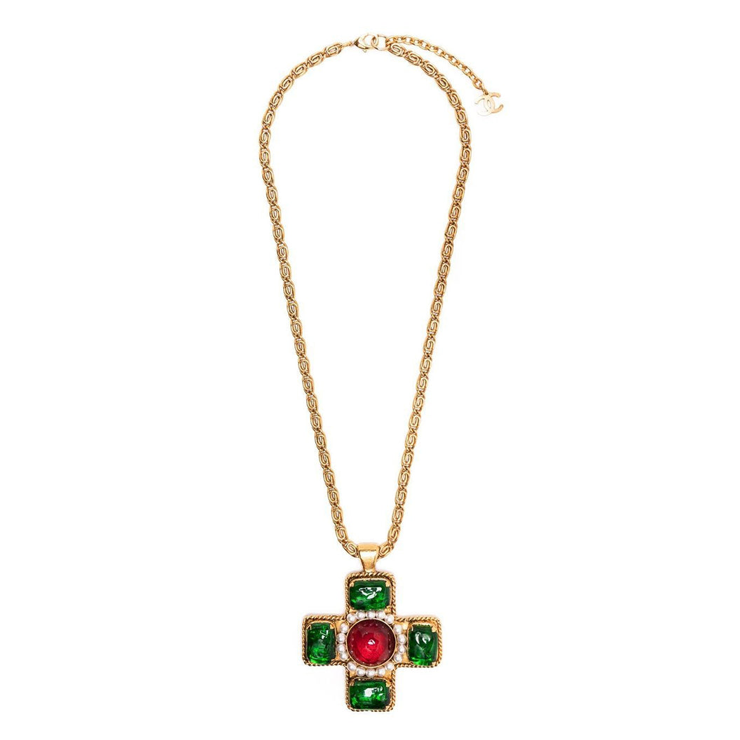 Chanel Cabochon Maltese Cross Pendant Necklace