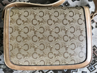 Celine Vintage beige macadam and blason pattern classic shoulder bag with golden logo motifs