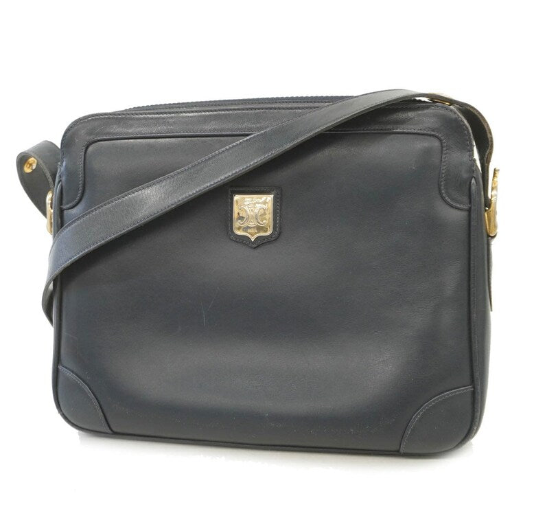 Celine Vintage navy genuine leather shoulder bag with golden triomphe logo