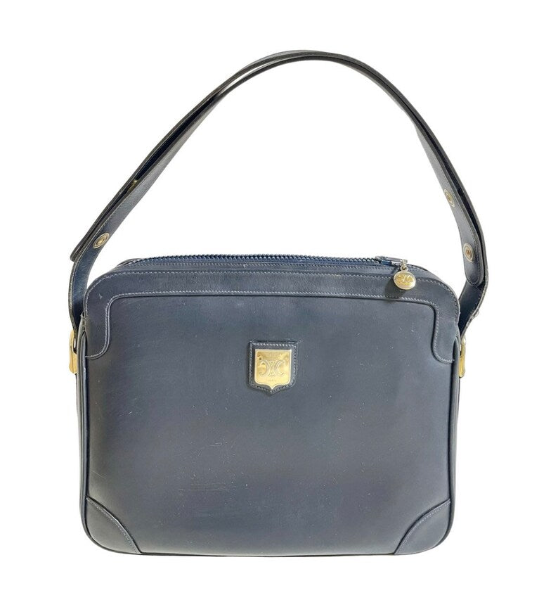Celine Vintage navy genuine leather shoulder bag with golden triomphe logo