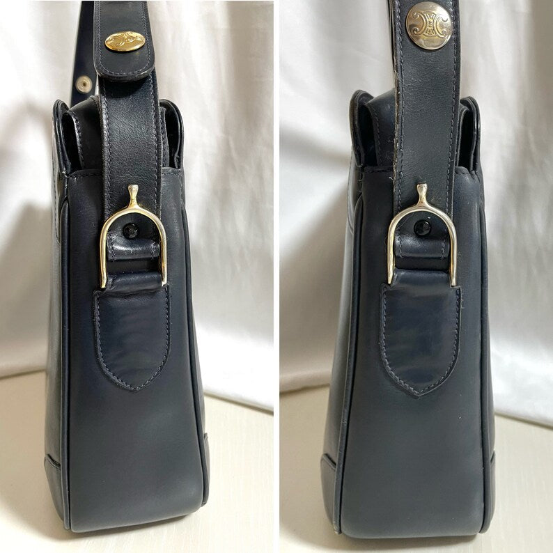 Celine Vintage navy genuine leather shoulder bag with golden triomphe logo