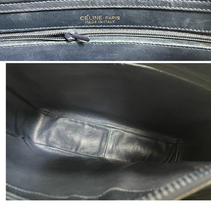 Celine Vintage navy genuine leather shoulder bag with golden triomphe logo