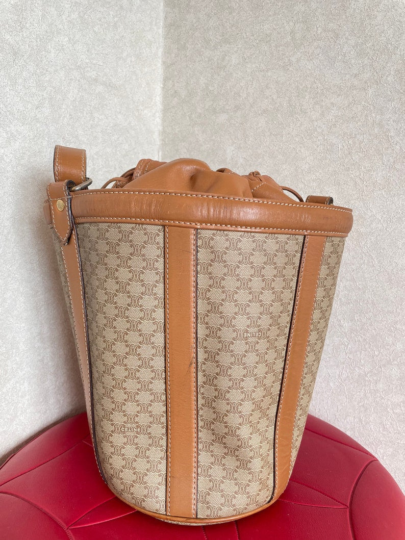 Celine Vintage round box shape hobo bucket shoulder purse in classic brown macadam blaison pattern with leather strap