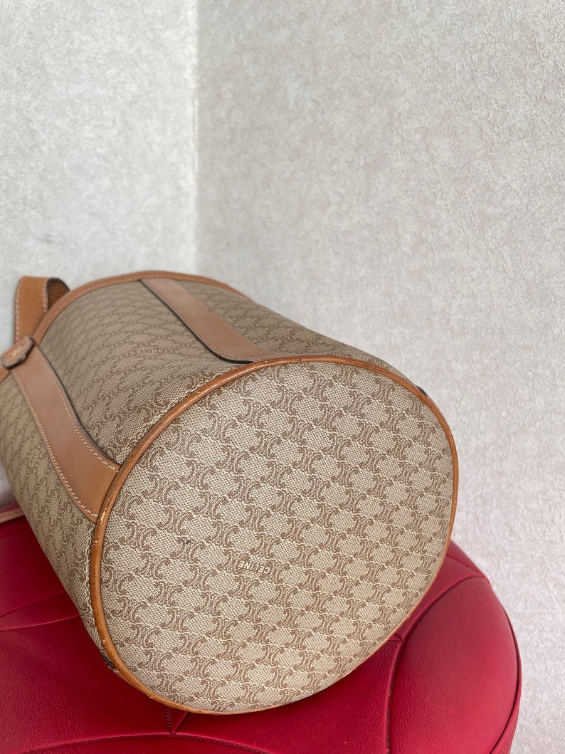 Celine Vintage round box shape hobo bucket shoulder purse in classic brown macadam blaison pattern with leather strap