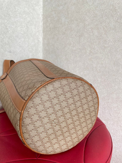 Celine Vintage round box shape hobo bucket shoulder purse in classic brown macadam blaison pattern with leather strap