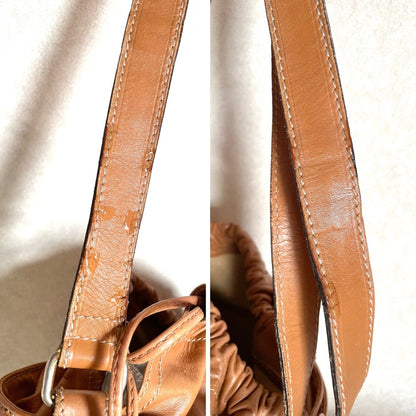 Celine Vintage round box shape hobo bucket shoulder purse in classic brown macadam blaison pattern with leather strap