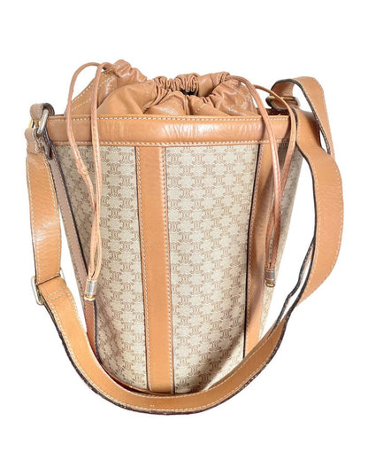 Celine Vintage round box shape hobo bucket shoulder purse in classic brown macadam blaison pattern with leather strap