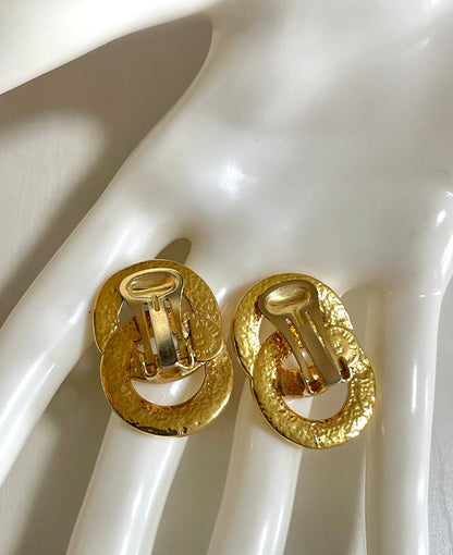 Celine Vintage Gold tone double round motif earrings with embossed logo