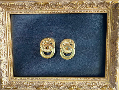 Celine Vintage Gold tone double round motif earrings with embossed logo