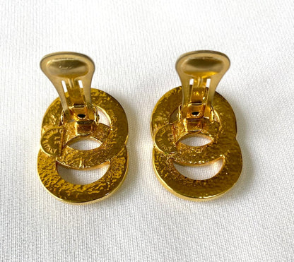 Celine Vintage Gold tone double round motif earrings with embossed logo