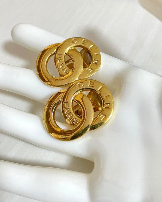 Celine Vintage Gold tone double round motif earrings with embossed logo