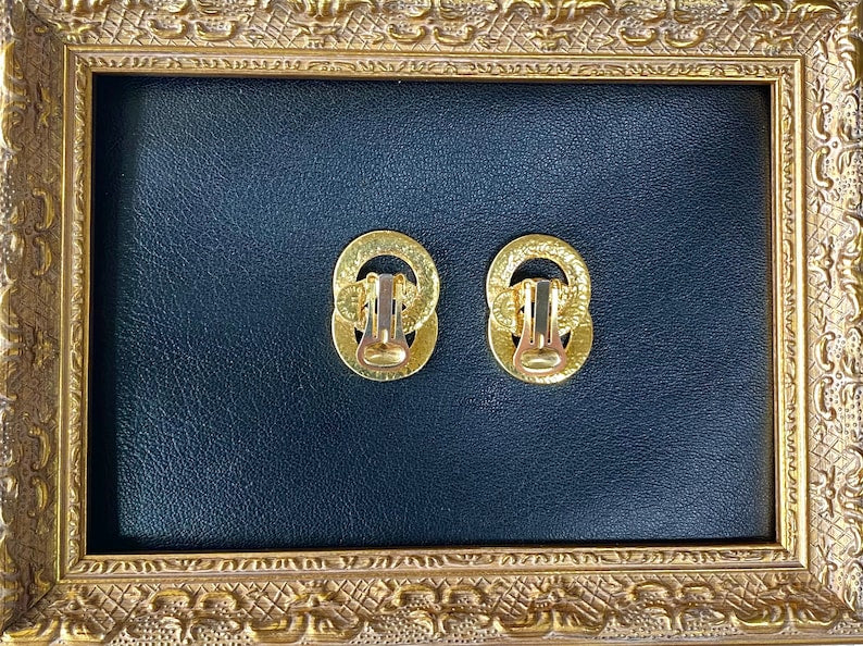 Celine Vintage Gold tone double round motif earrings with embossed logo
