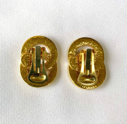 Celine Vintage Gold tone double round motif earrings with embossed logo