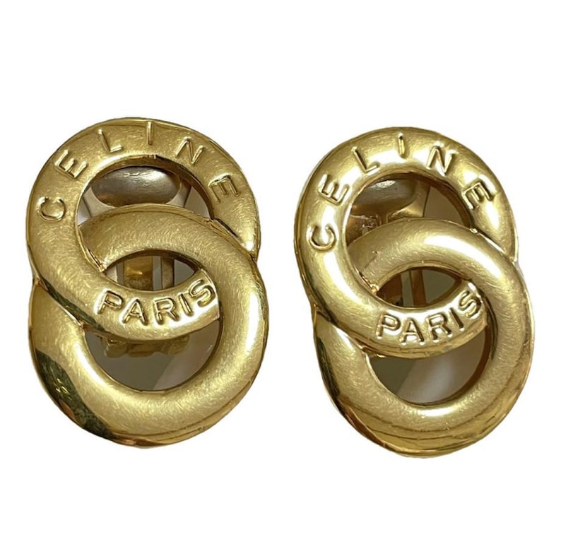 Celine Vintage Gold tone double round motif earrings with embossed logo