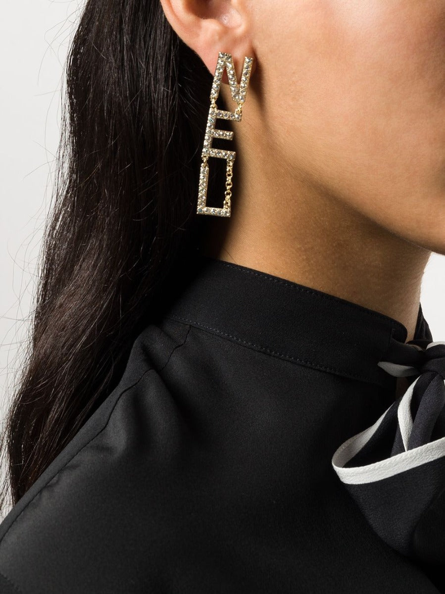 Crystal Embellished Logo Drop Earrings