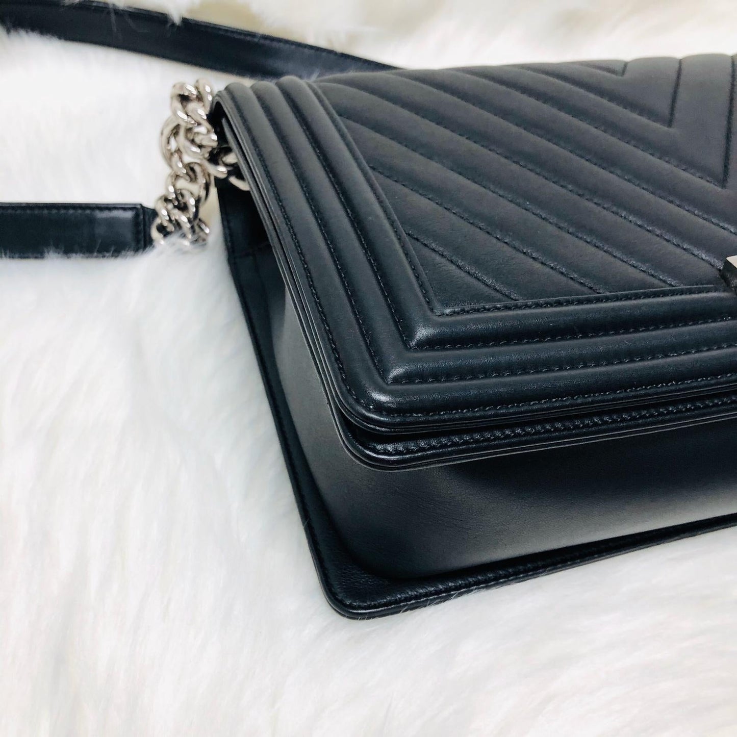 Le Boy Chevron Calfskin Flap Bag with Shiny Silver Hardware New Medium