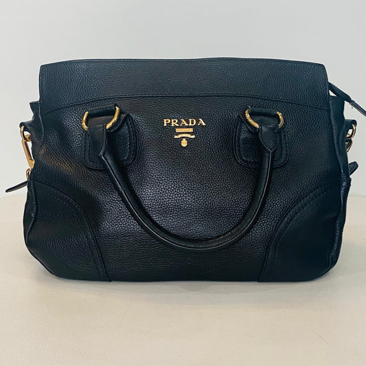 Prada Black Vitello Daino Satchel Rame