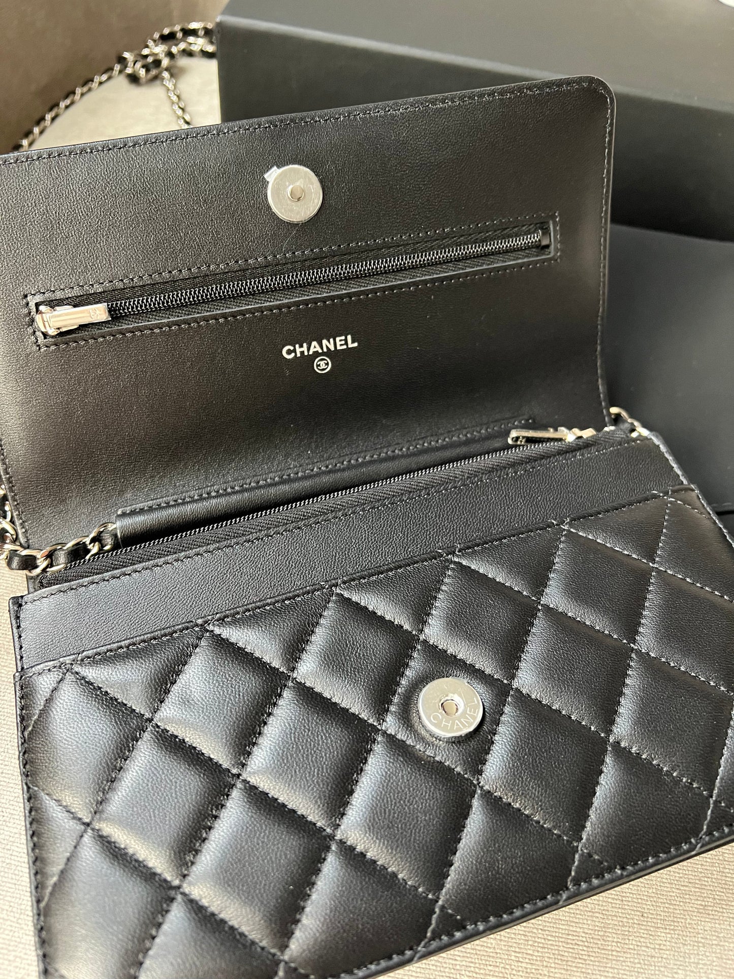 Chanel Black Lambskin Wallet on Chain with silver hardware