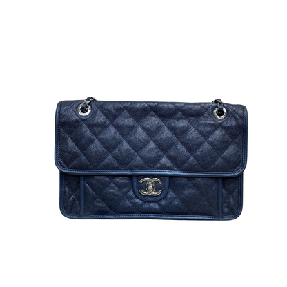 French Riviera Flap Caviar Navy Blue SHW