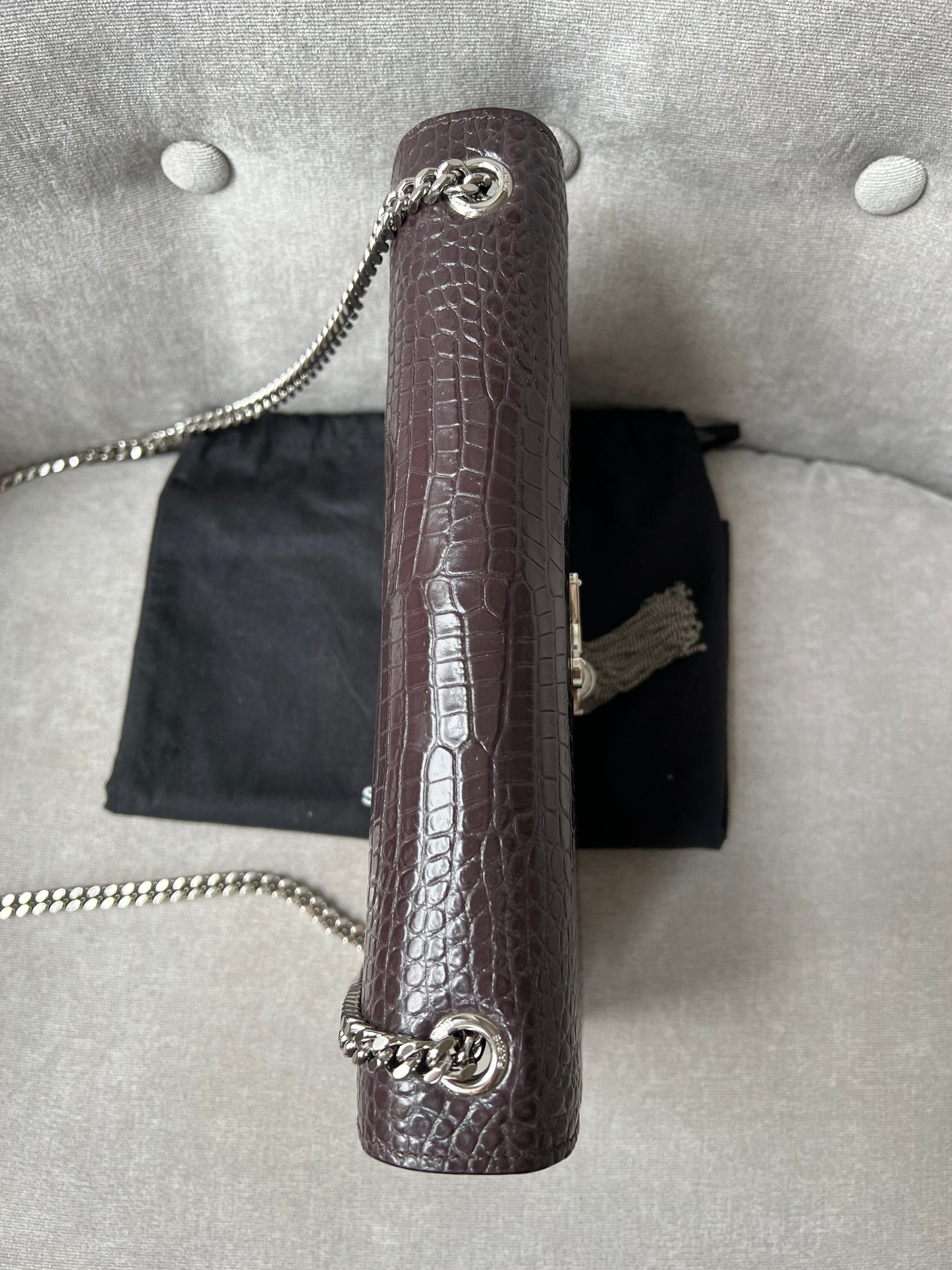 Yves Saint Laurent (YSL) Burgundy Croc Medium Kate Tassel with Silver Hardware