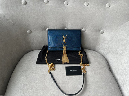 Yves Saint Laurent (YSL) Blue Patent Kate Chain Wallet Gold Hardware