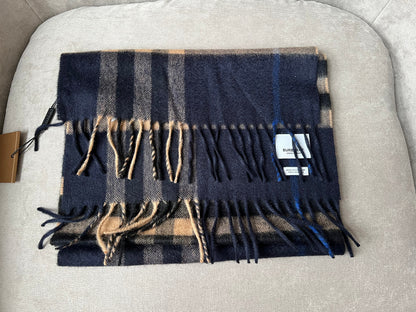 Burberry Classic Check Indigo and Mid Camel Cashmere Scarf (RRP £420)