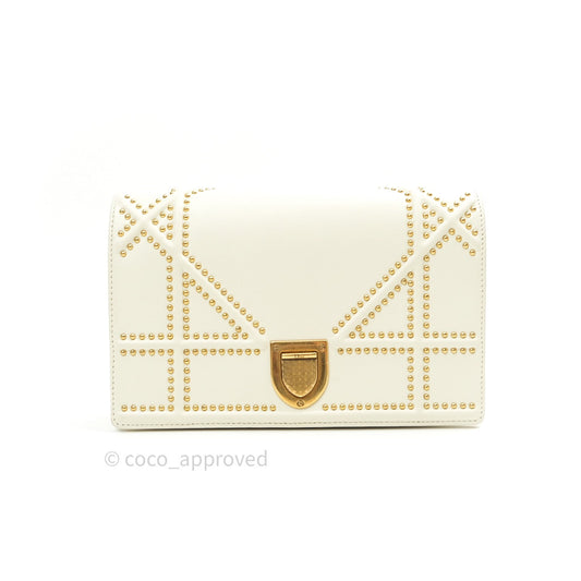 Christian Dior Diorama Wallet on Chain in White Calfskin Studded Gold