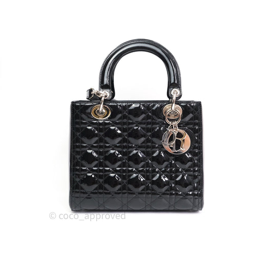 Christian Dior Medium Lady Dior Black Patent Silver Hardware