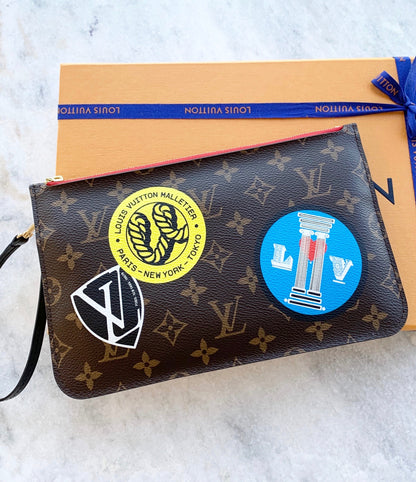 Louis Vuitton World Tour Neverfull MM Monogram Pochette Wristlet Pouch In Red