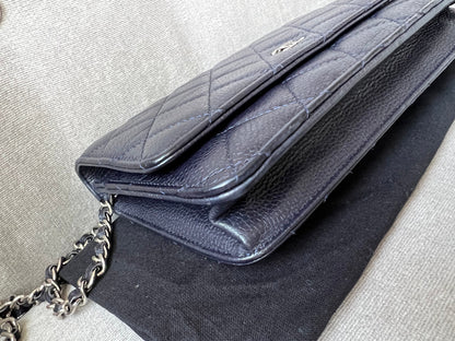 Chanel Navy Caviar Wallet on Chain With Silver Hardware