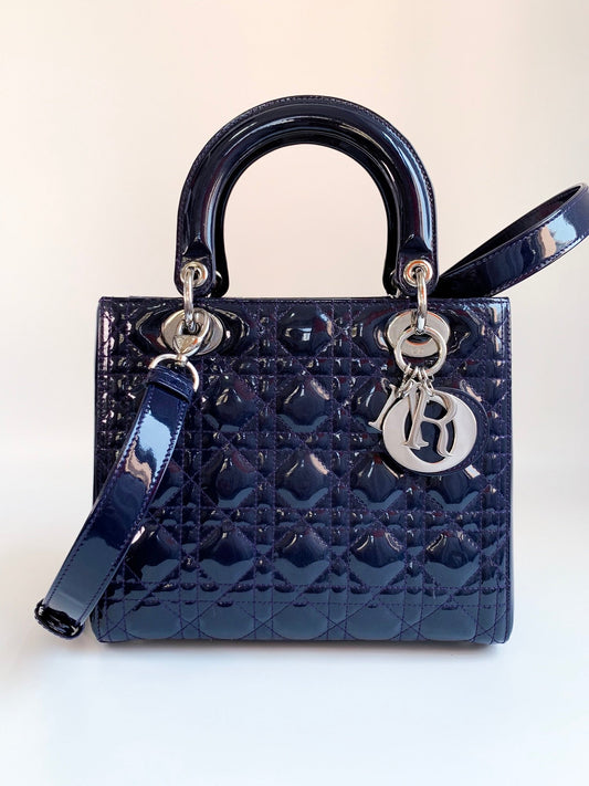 Christian Dior Patent Cannage Medium Lady Dior Navy Blue Silver Hardware