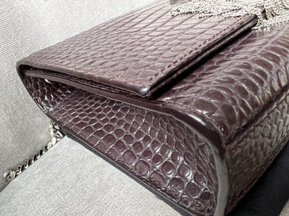 Yves Saint Laurent (YSL) Burgundy Croc Medium Kate Tassel with Silver Hardware