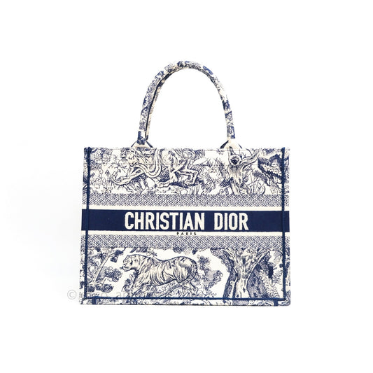 Christian Dior Embroidered Toile De Jouy Small Canvas Book Tote Blue