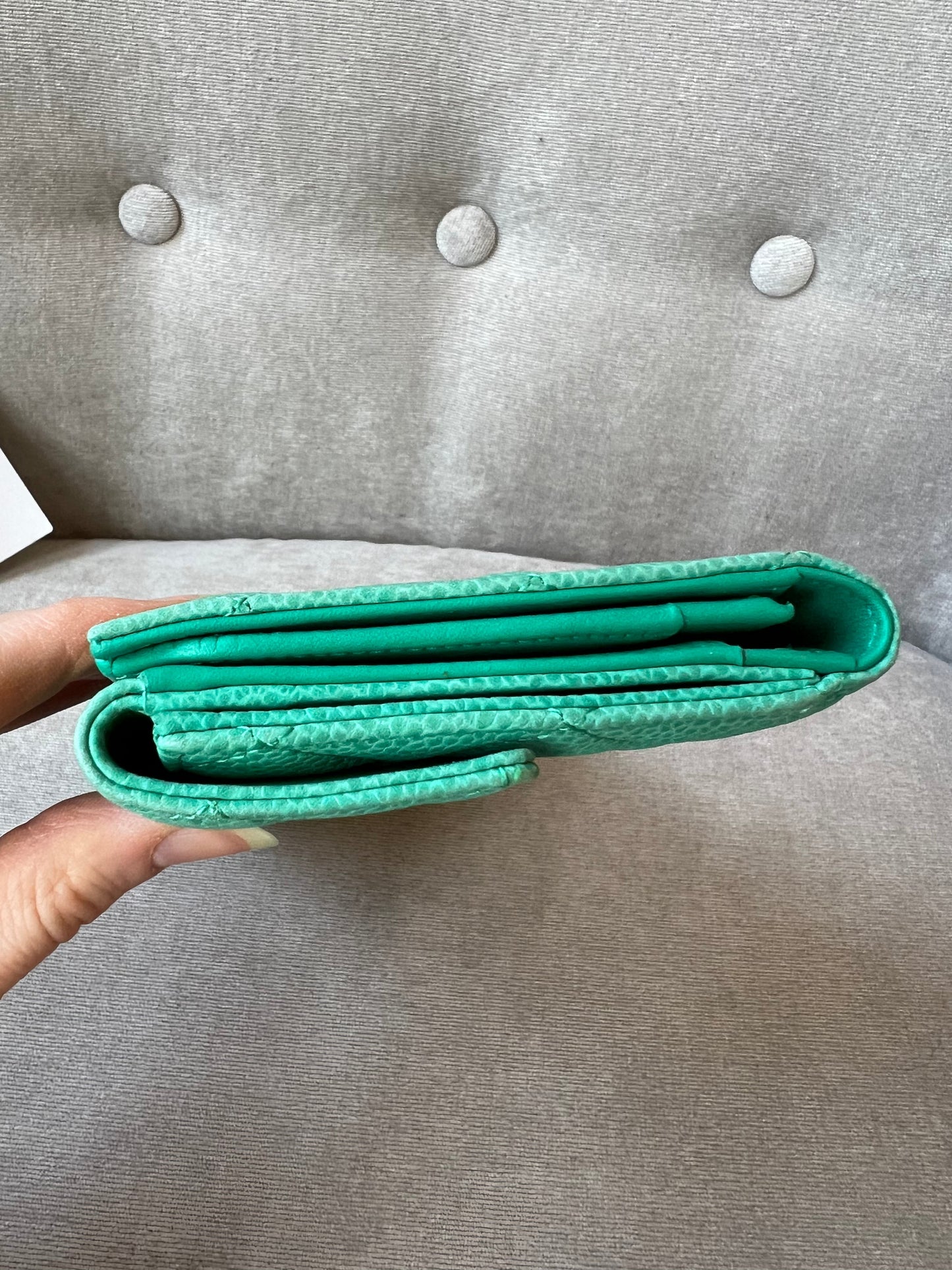 Chanel Green Suede Caviar Flap Wallet