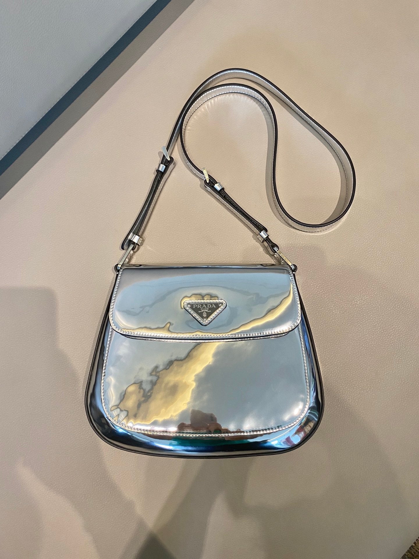 Prada Silver Cleo brushed Leather Shoulder Bag With Flap