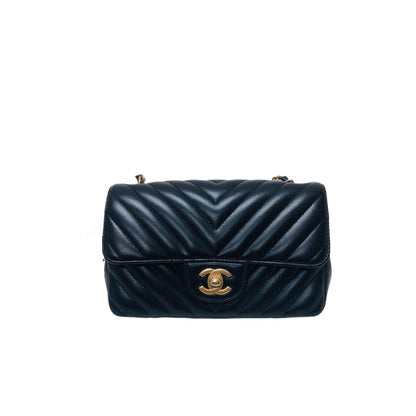 Mini Rectangular Chevron in Black Lambskin Leather with  GHW