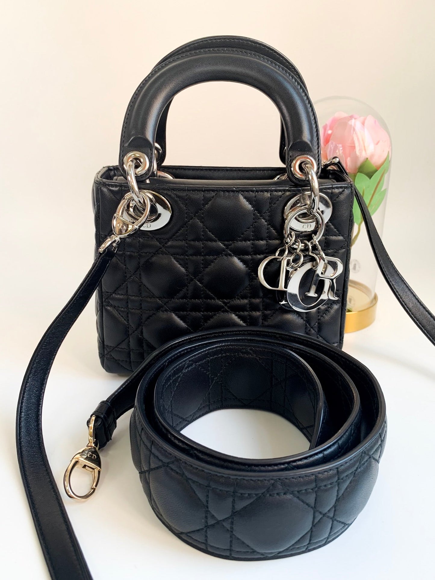 Christian Dior Lambskin Cannage Mini Lady Dior Black (2 Straps)