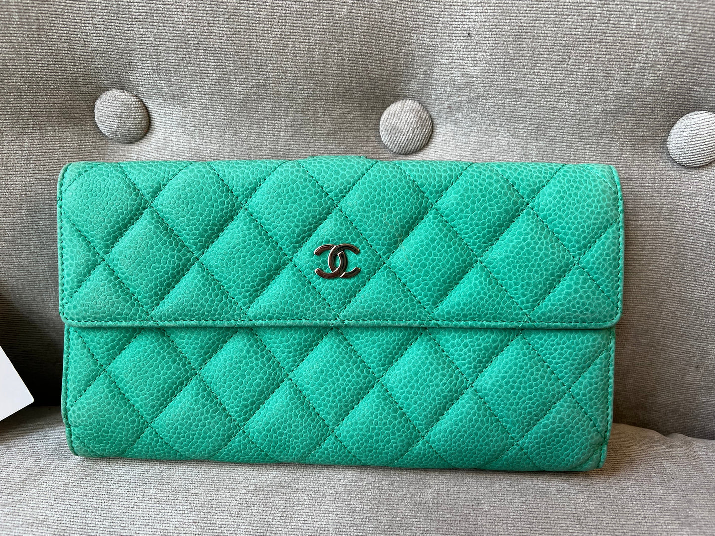 Chanel Green Suede Caviar Flap Wallet