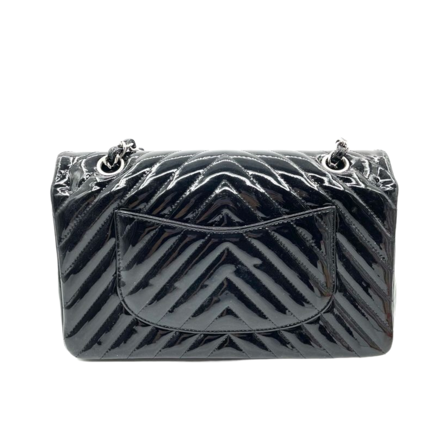Medium Classic Flap Chevron Patent Black SHW