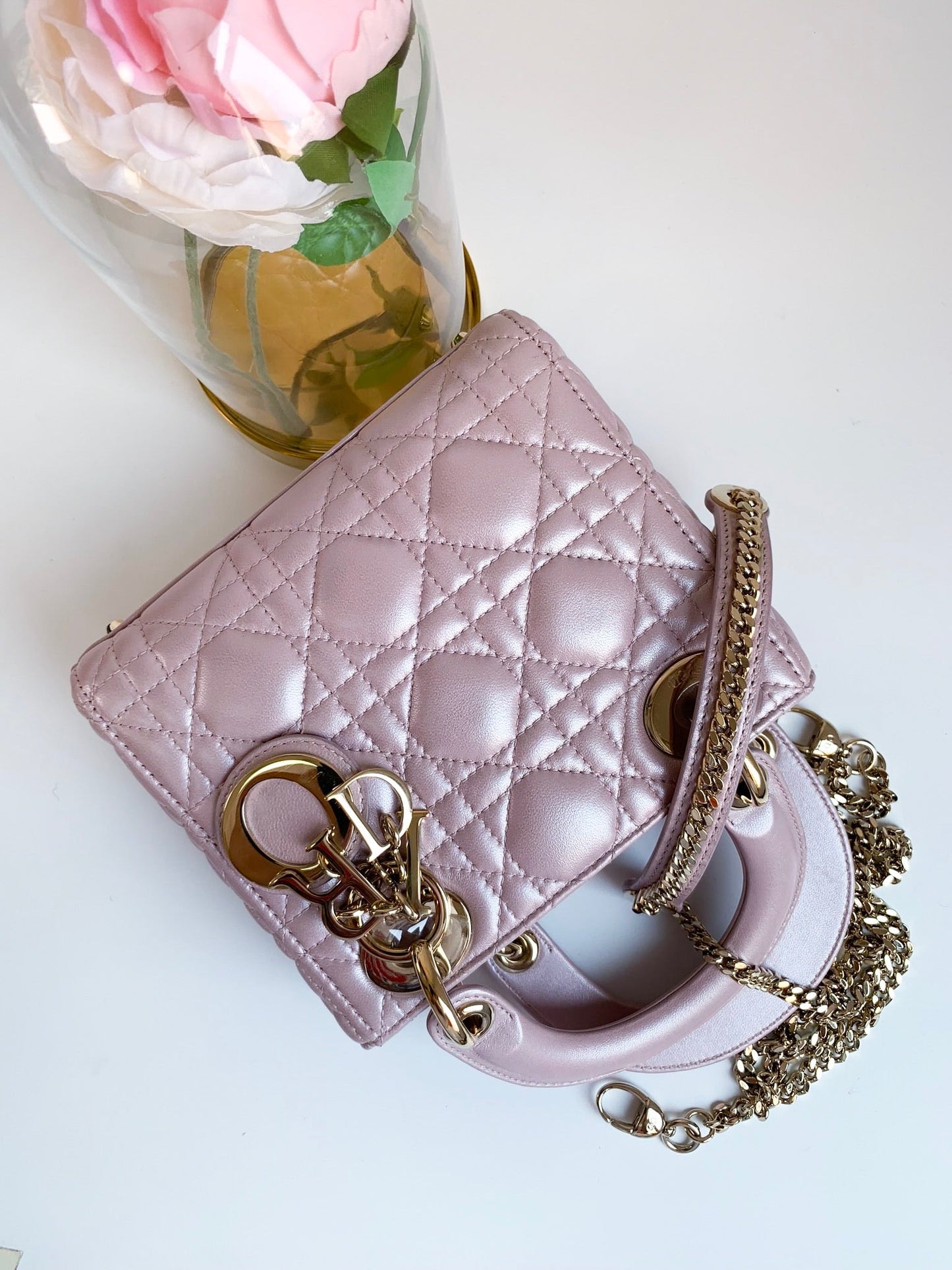 Christian Dior Metallic Calfskin Cannage Mini Lady Dior Pink