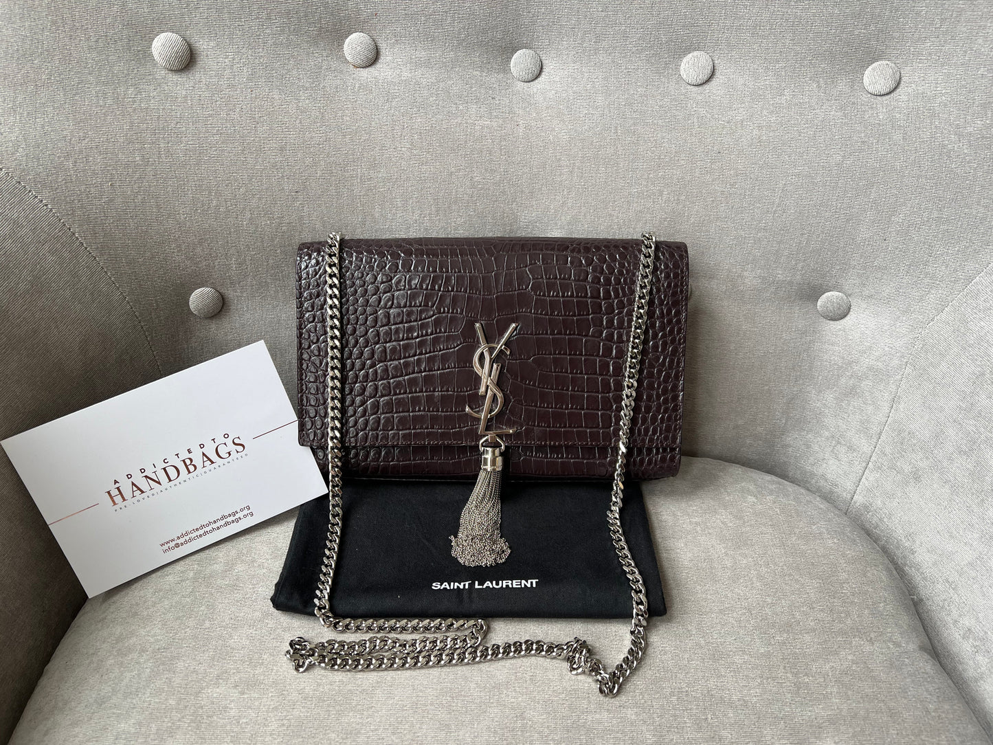 Yves Saint Laurent (YSL) Burgundy Croc Medium Kate Tassel with Silver Hardware