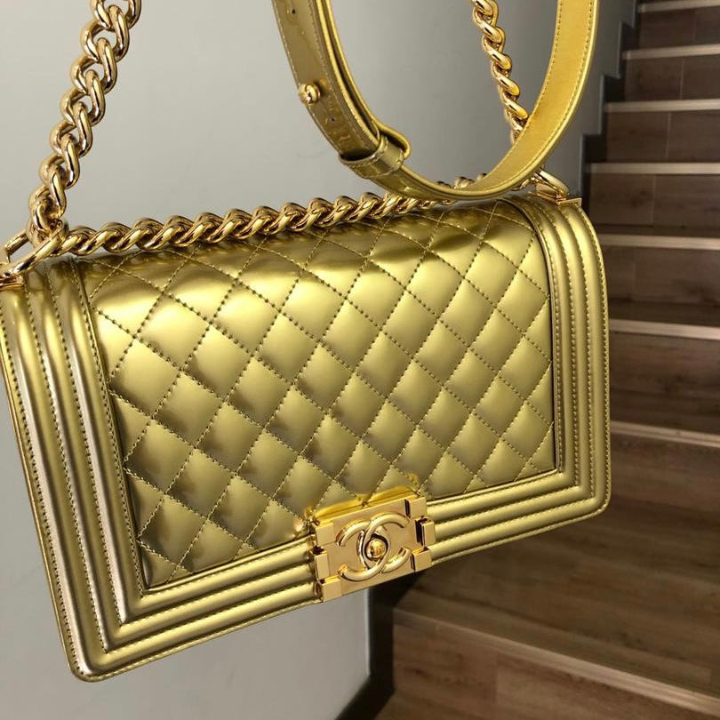 Old Medium Boy Bag in Patent Gold with GHW