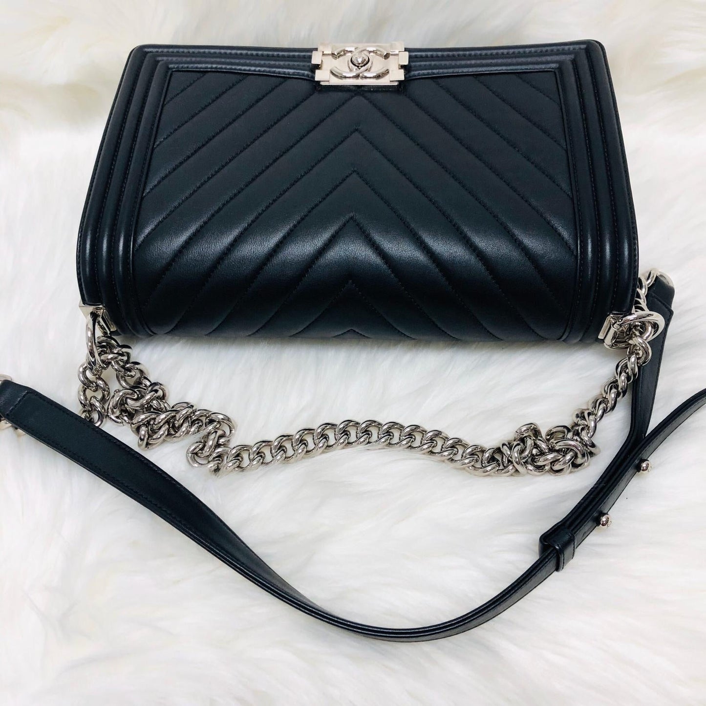 Le Boy Chevron Calfskin Flap Bag with Shiny Silver Hardware New Medium
