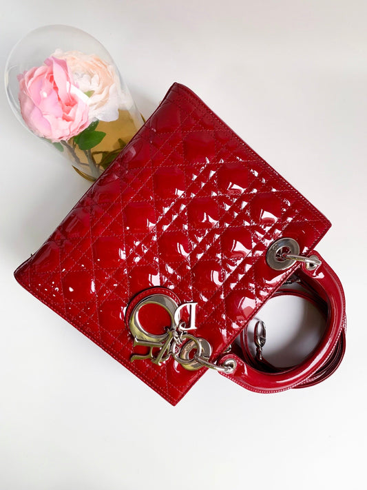 Christian Dior Patent Cannage Medium Lady Dior Red Silver Hardware