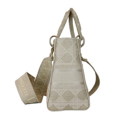 Medium Lady D-Lite  Canvas Embroidered Beige GHW