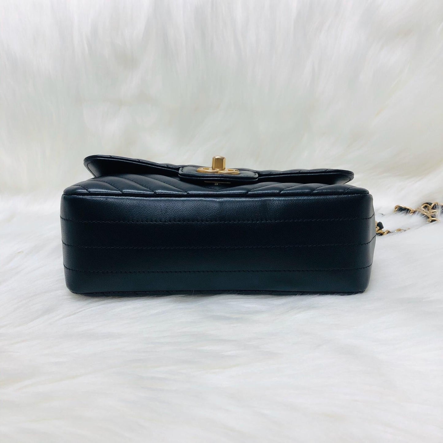 Mini Rectangular Chevron in Black Lambskin Leather with  GHW