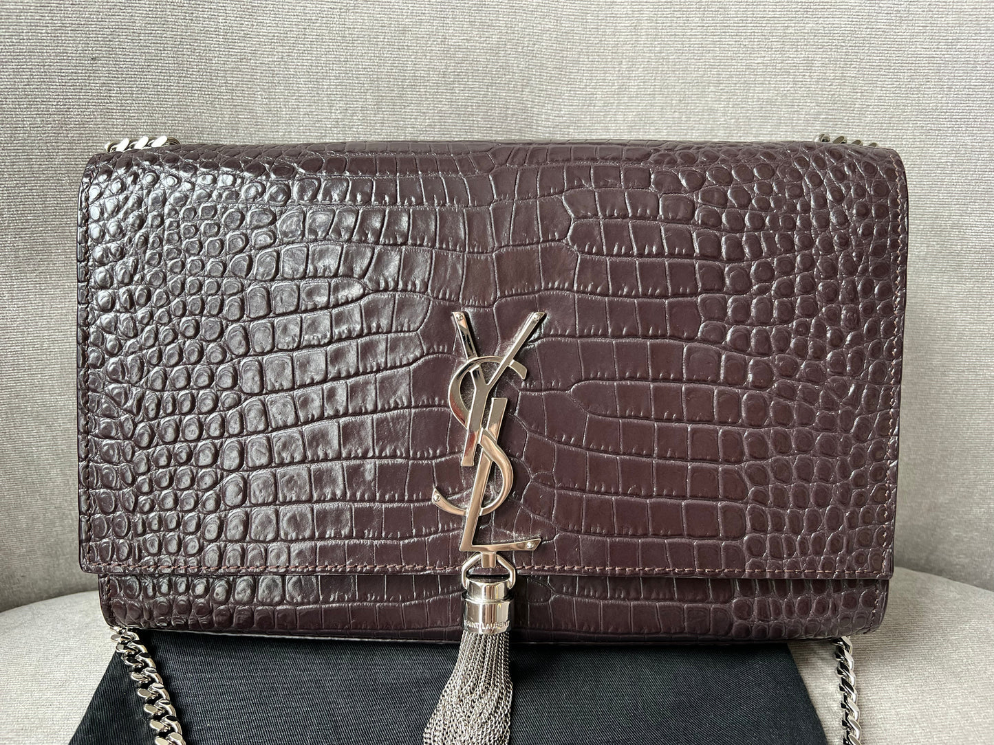 Yves Saint Laurent (YSL) Burgundy Croc Medium Kate Tassel with Silver Hardware